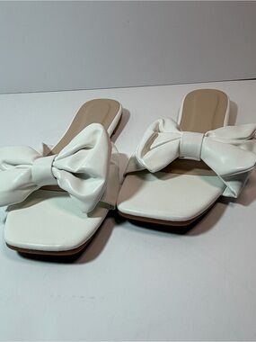 Flat Wedding Sandals Gorglitter Size 11  Bow Flat Slide White Square Open Toe